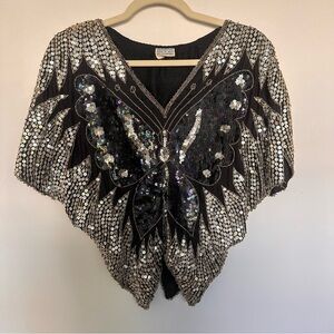 Vintage Beaded Silk Sequin Silver and Black Butterfly Top 70s Disco